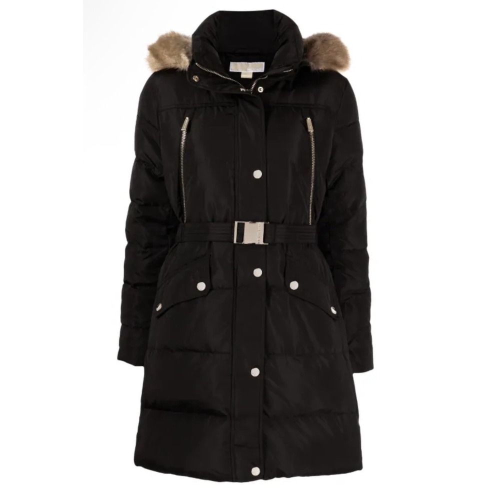 Michael Kors Hooded Faux Fur-Trim Button Front Belted Down Puffer Coat Size 2X